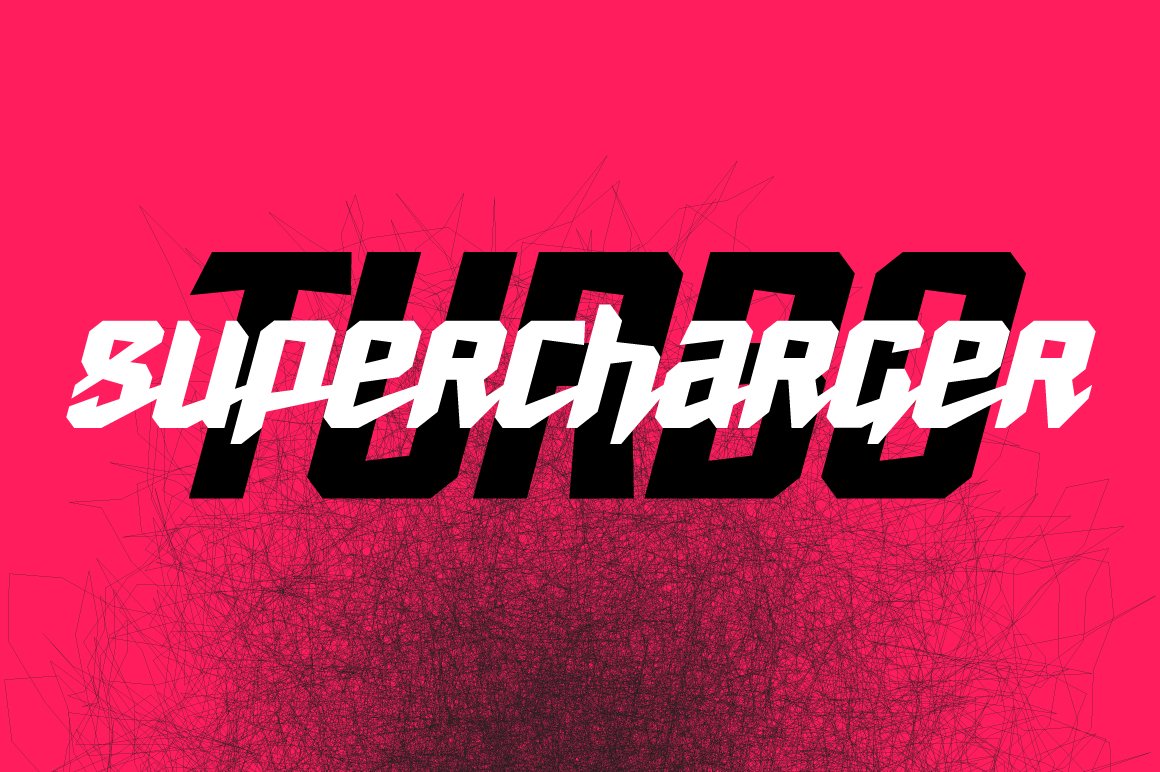 Black "Turbo" and white "Supercharger" lettering on a pink background.