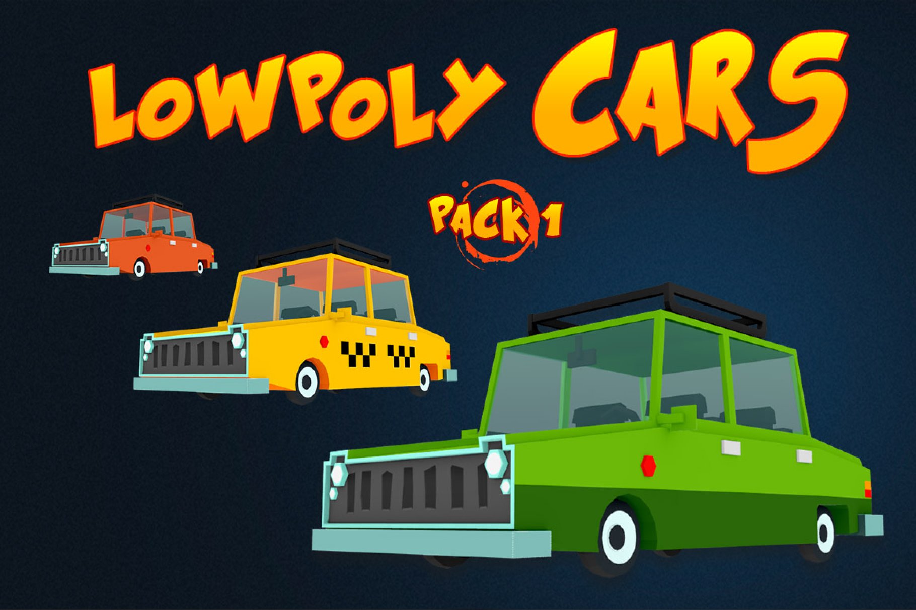 Yellow lettering "LowPoly Cars" and red, yellow and green cars illustrations on a dark blue background.