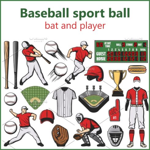 Baseball sport ball, bat and player.