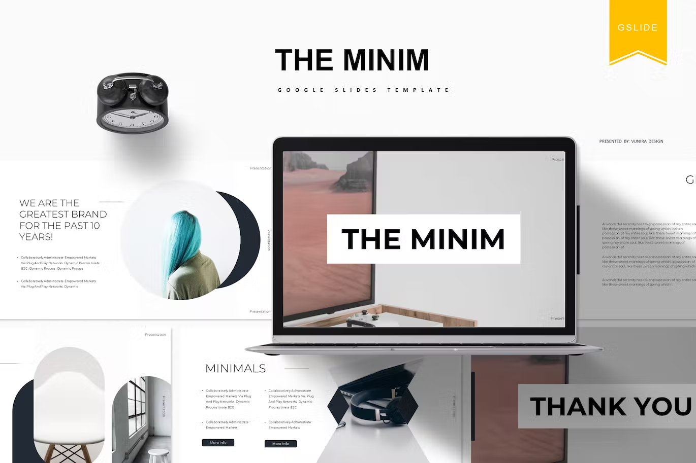 Black lettering "The Minim Google Slides Template" and different templates on a gray background.