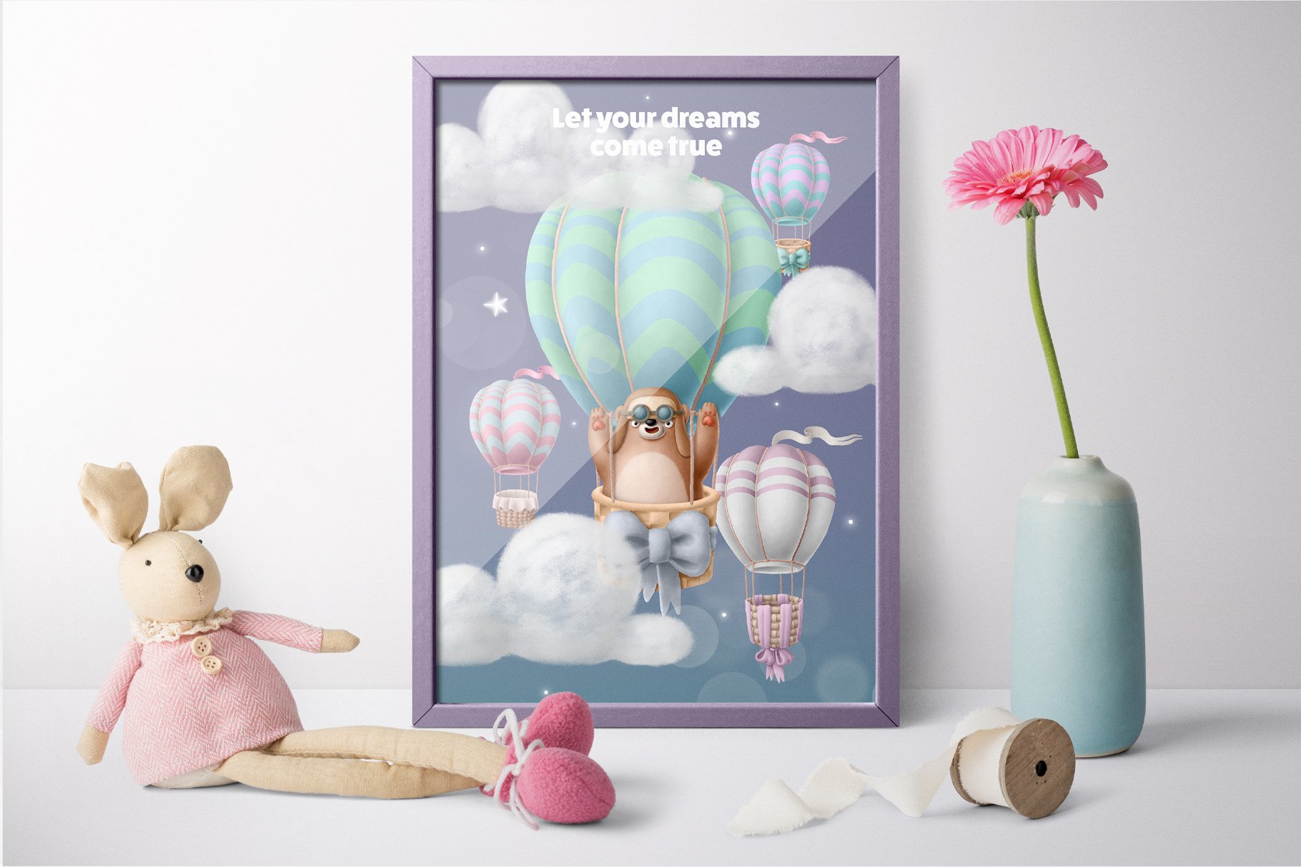 Cute lilac poster with funny bear in an air balloon.