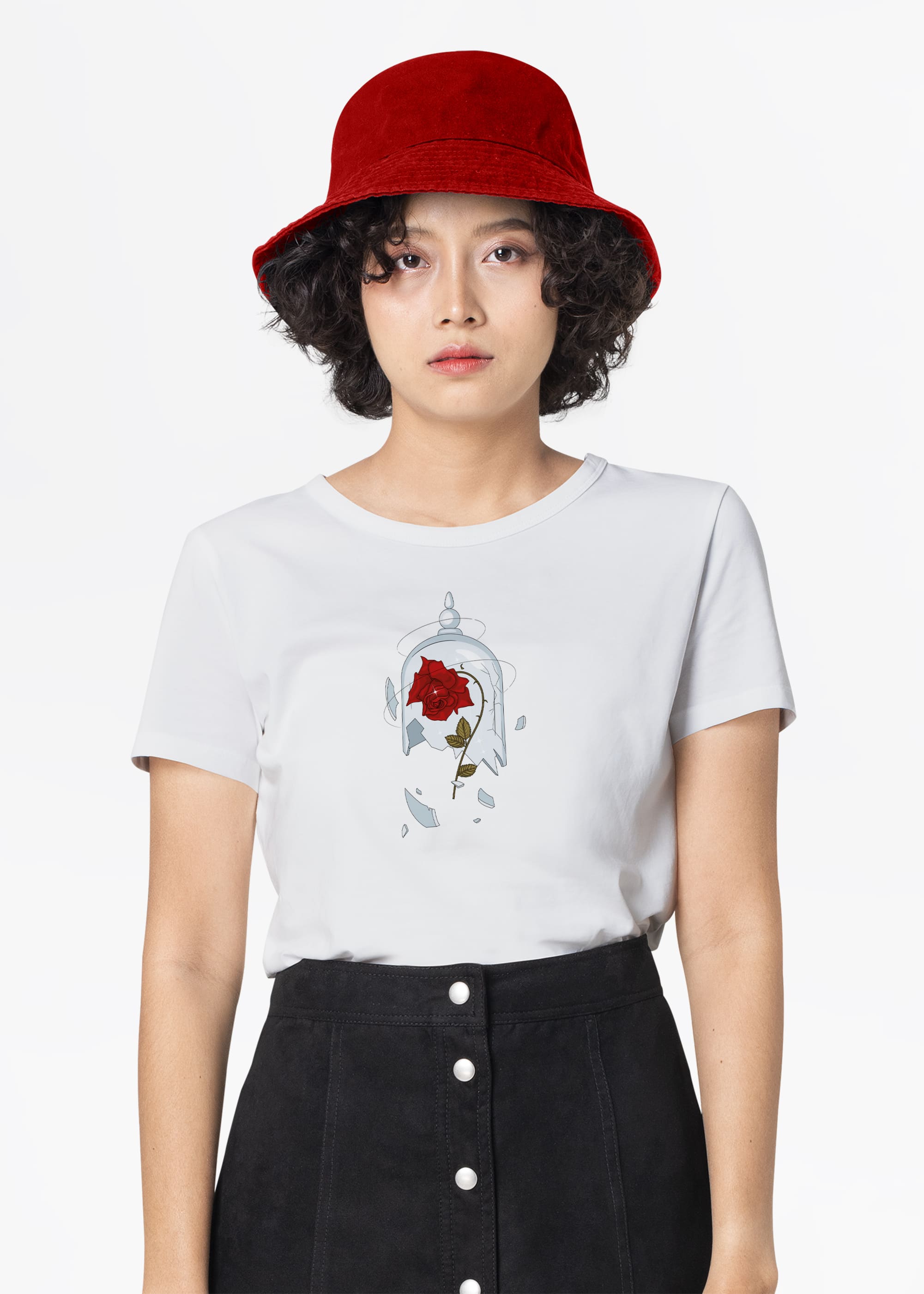 Minimalistic red rose on a classic white t-shirt.