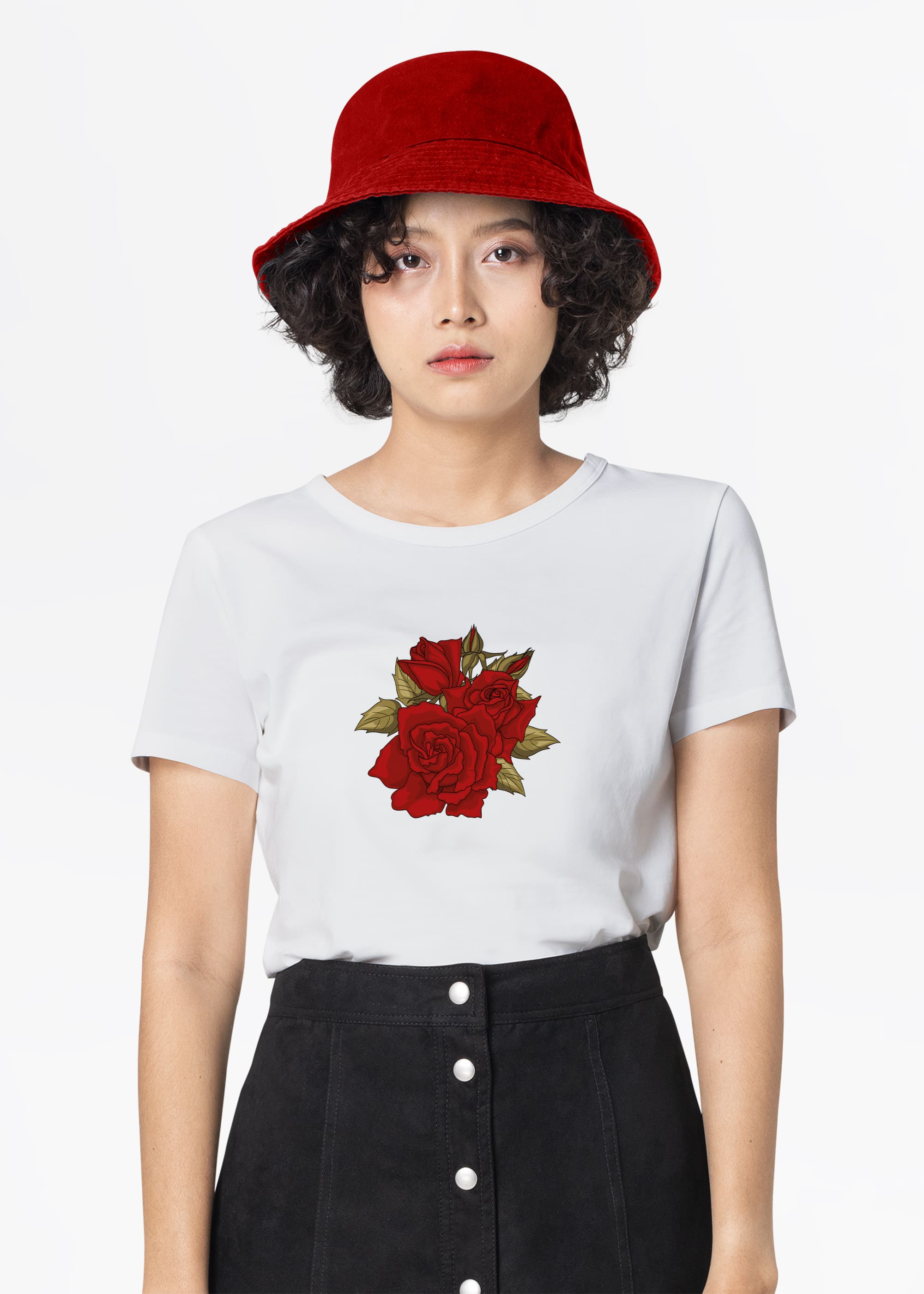 Blossom red rose on a white t-shirt.