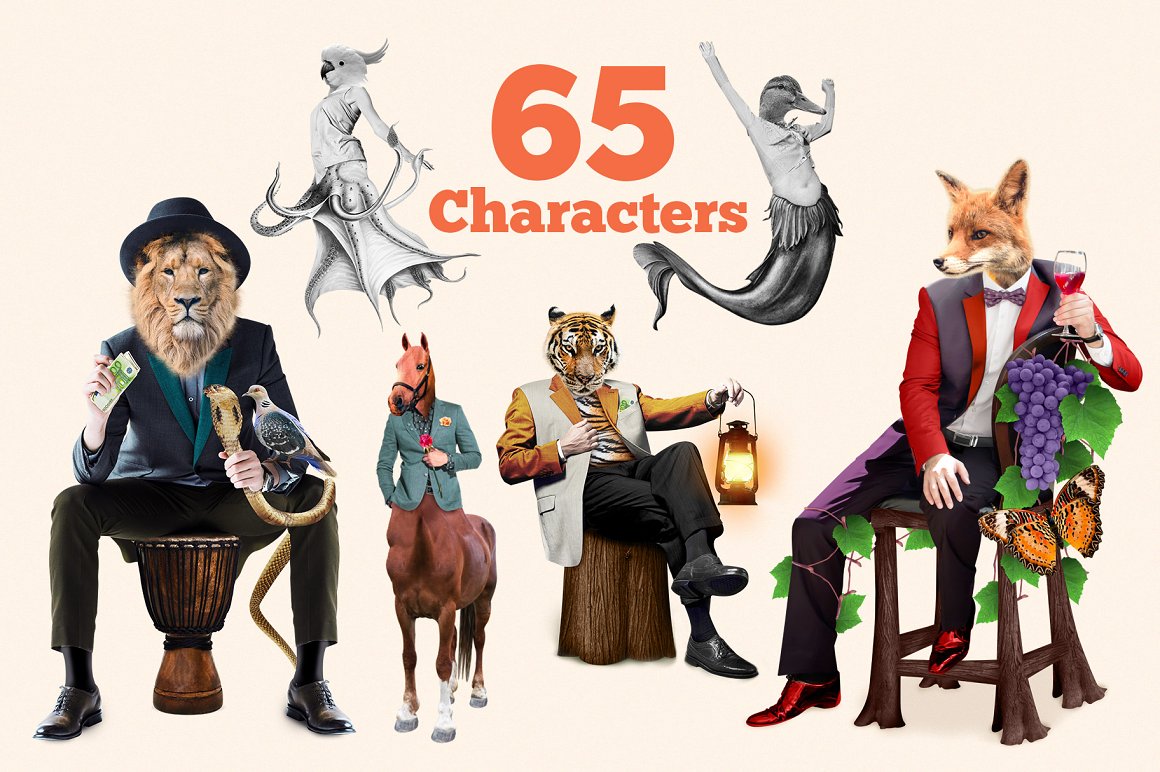 Red lettering "65 characters" and different illustrations of animals on a pink background.