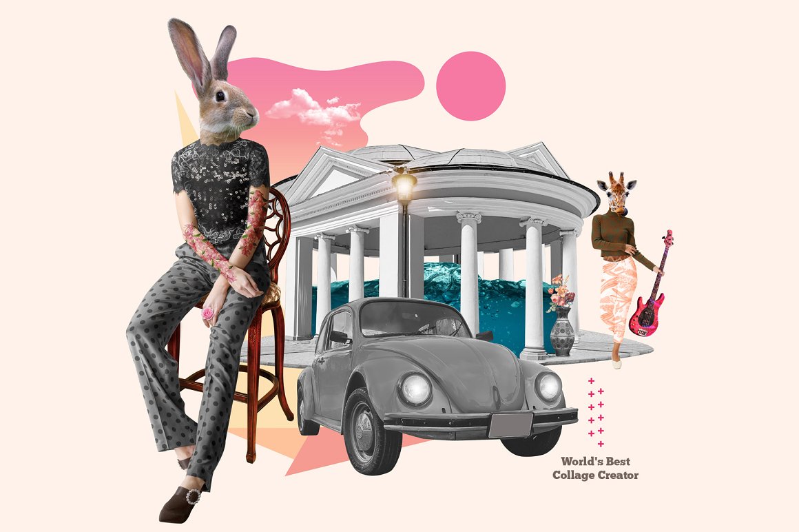 Illustrations of a rabbit, girl, vintage car, architecture and other on a pink background.
