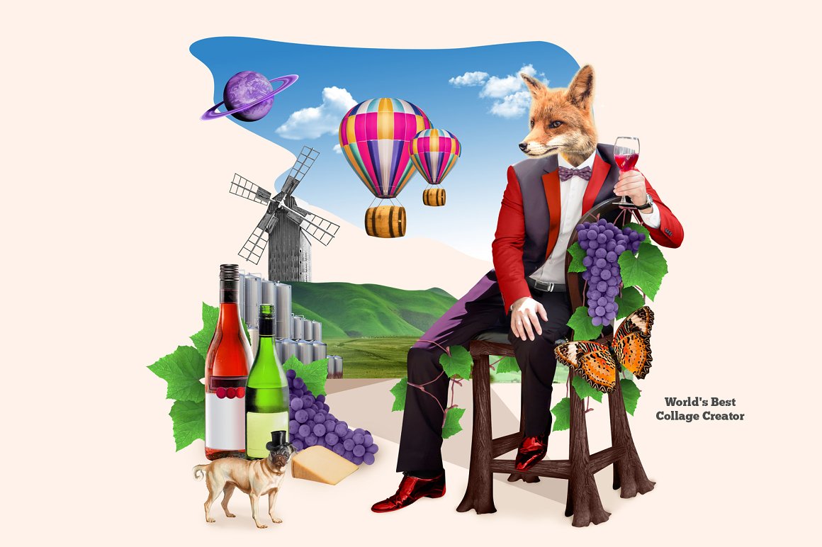 Illustrations of a fox, man, wine, sky, dof and other on a pink background.