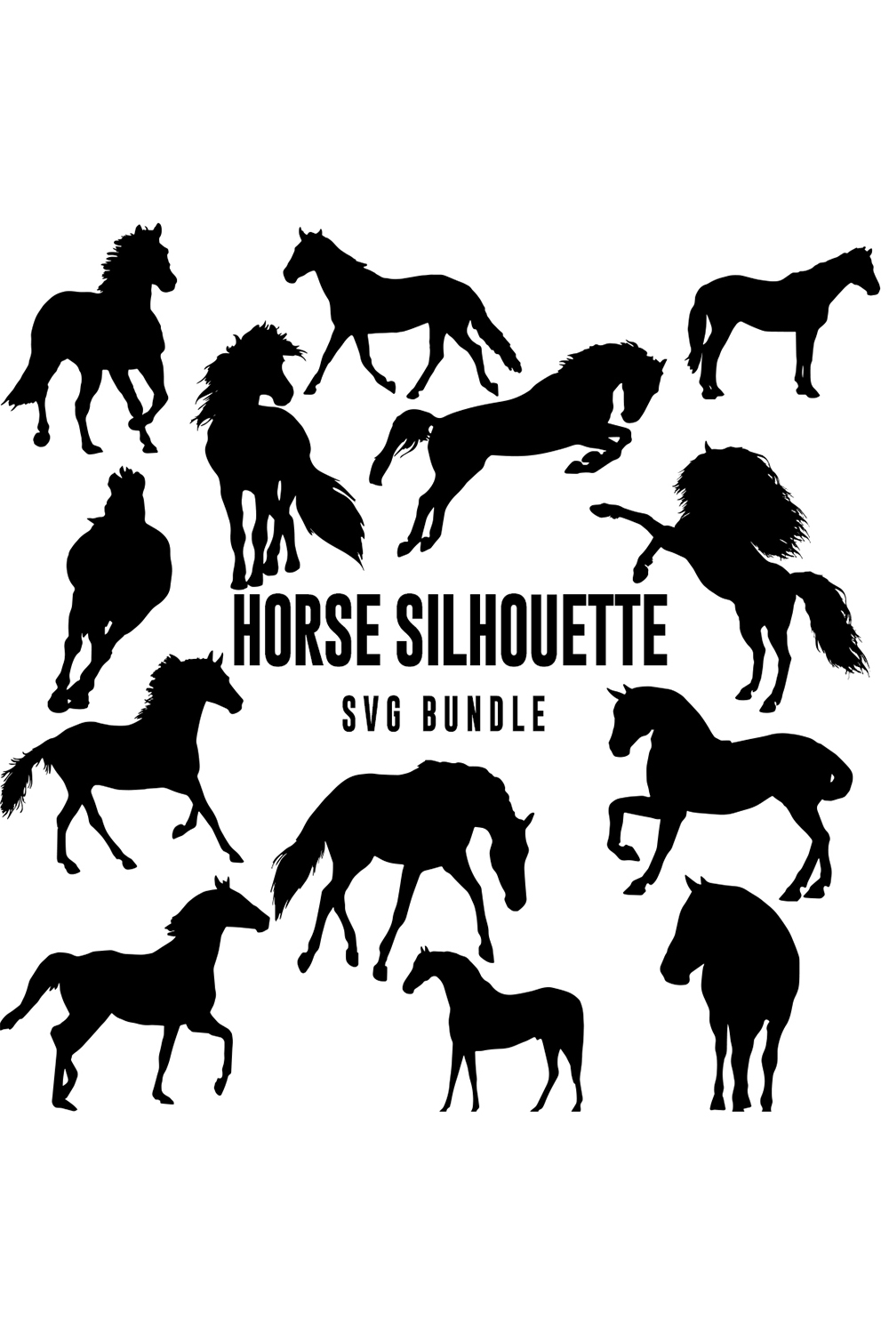 Set of silhouettes of horses in different poses.
