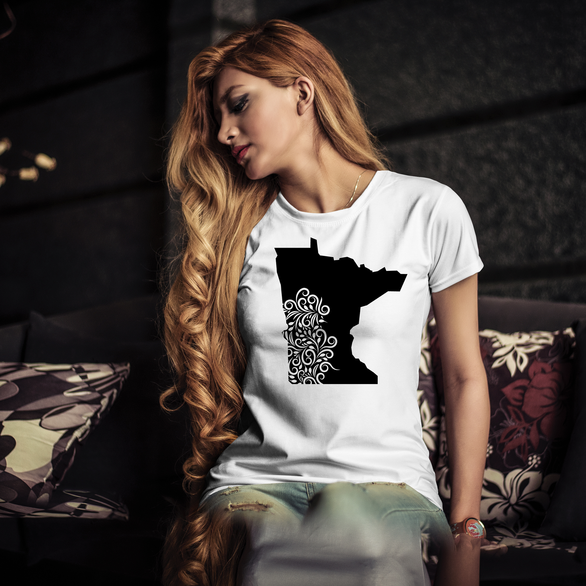 White t-shirt with black illustration of Minnesota state.