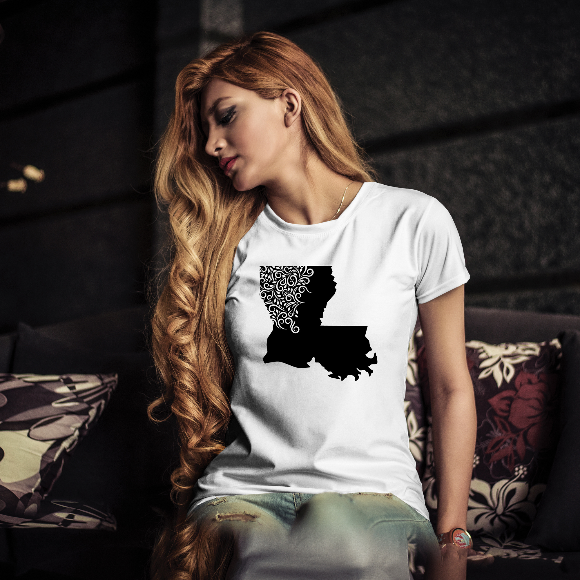 White t-shirt with black illustration of Louisiana state.