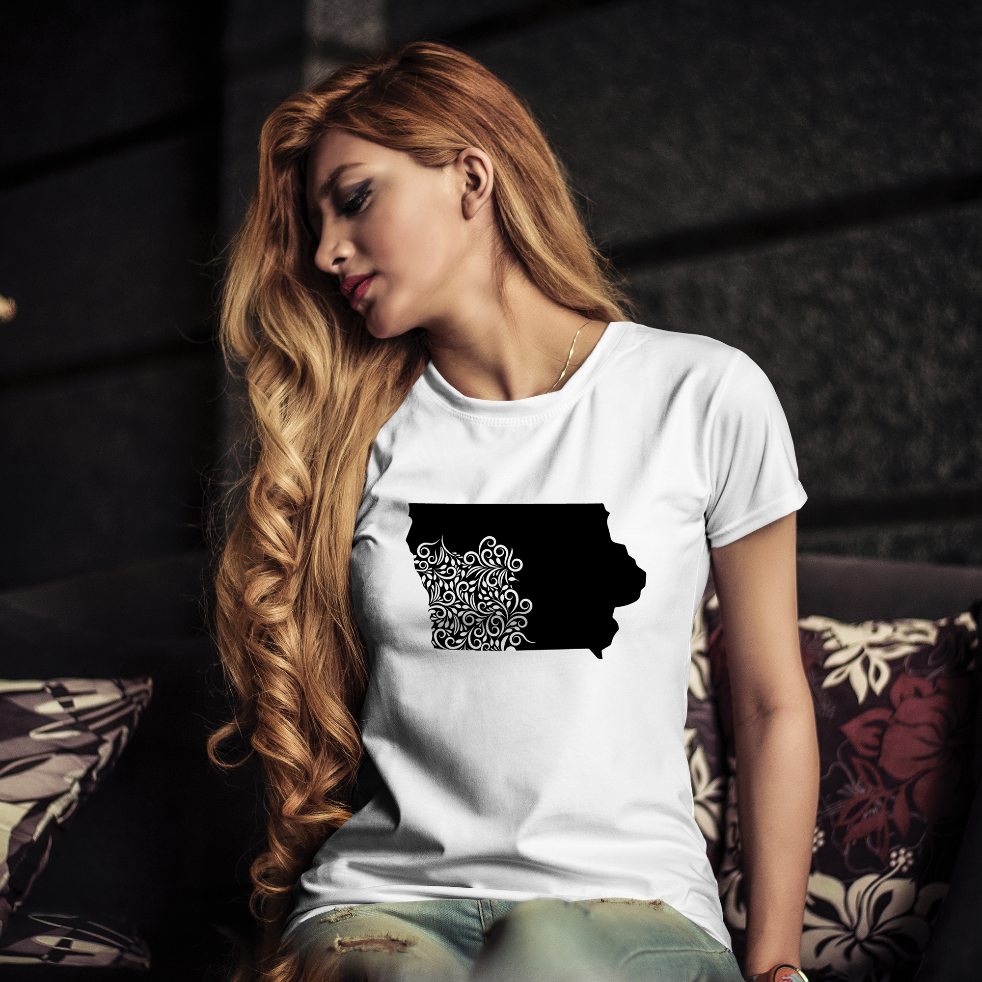 White t-shirt with black illustration of iowa state.