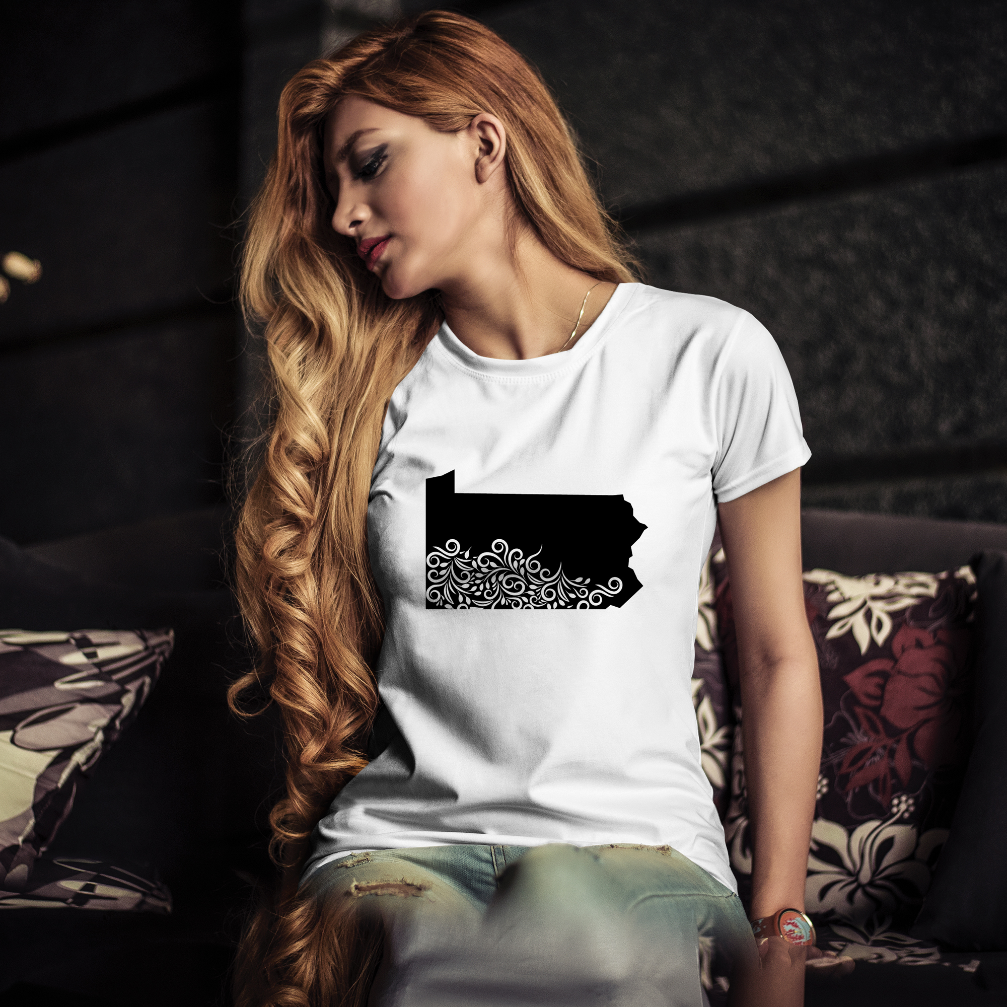 White t-shirt with black illustration of Pennsylvania state.