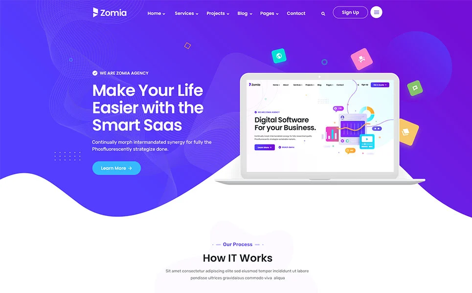 Homepage of zomia multi-purpose wordpress theme for saas startup with mockup of macbook.