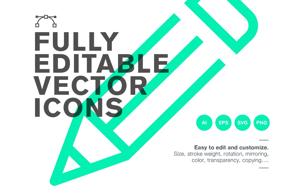 Lettering "Fully Editable Vector Icons" and green icon on a white background.