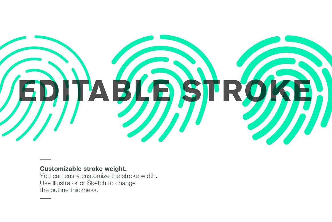 Black lettering "Editable Stroke" and 3 green icons on a white background.