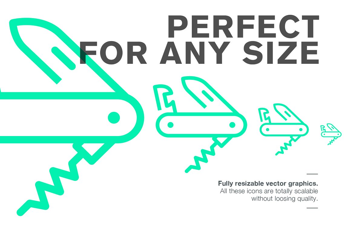 Green icon in different sizes and lettering "Perfect for any size" on a white background.