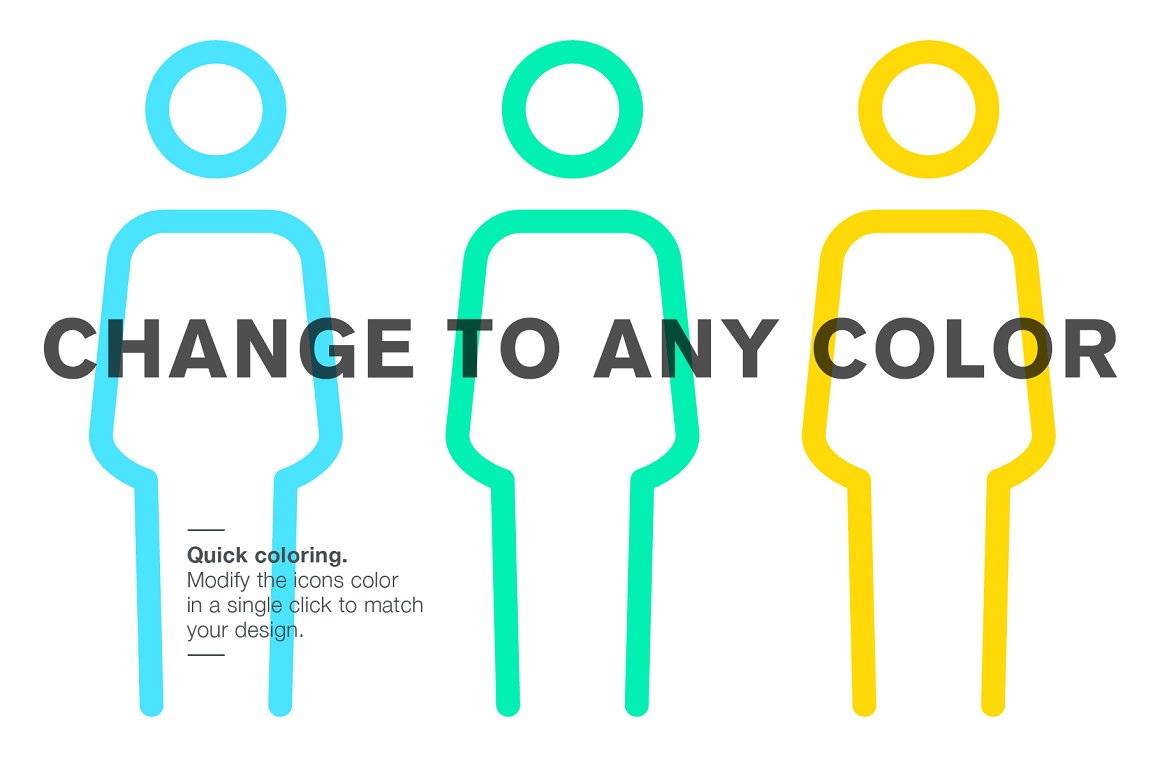 Icon of human in blue, green and yellow and black lettering "Change to any color" on a white background.