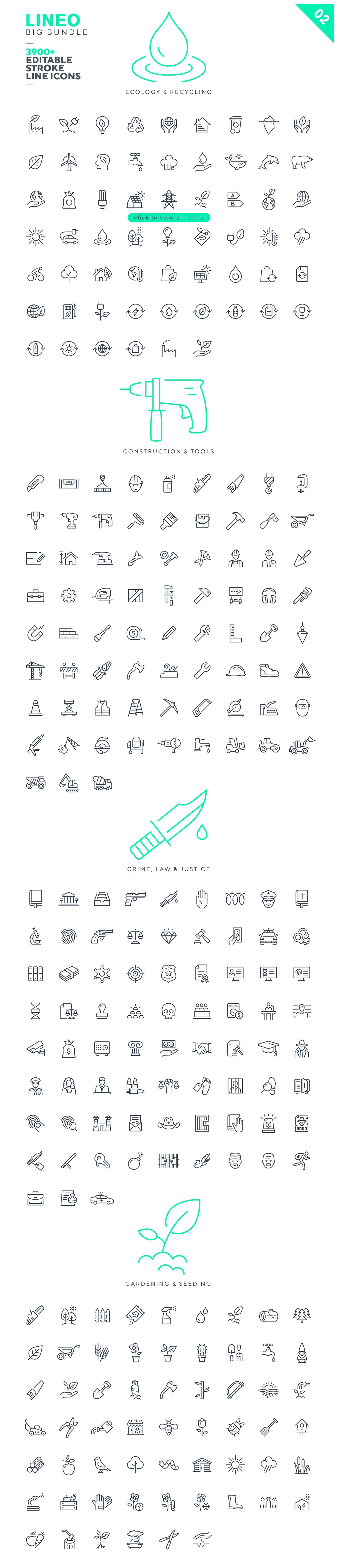Ecology & recycling, construction & tools, crime, law & justice and gardening & seeding icons on a white background.