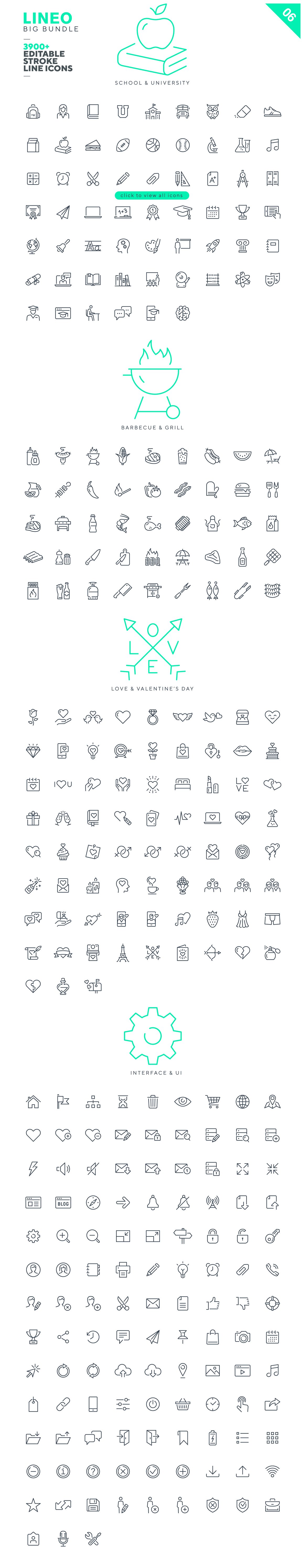 School & University, Barbecue & Grill, Love & Valentine’s day and Interface & UI icons on a white background.