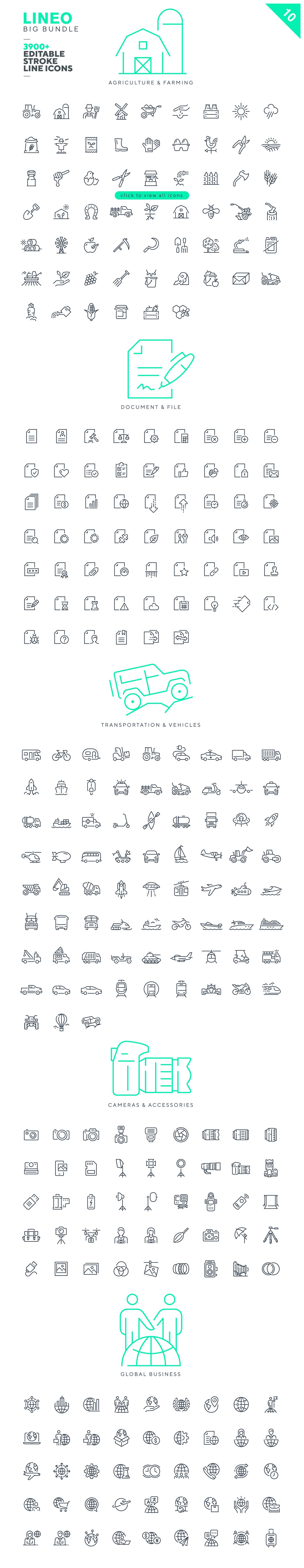 Agriculture & Farming, Document & File, Transportation & Vehicles, Cameras & Accessories and Global business icons on a white background.