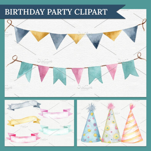Collection of colorful watercolor images with birthday banners and hats.