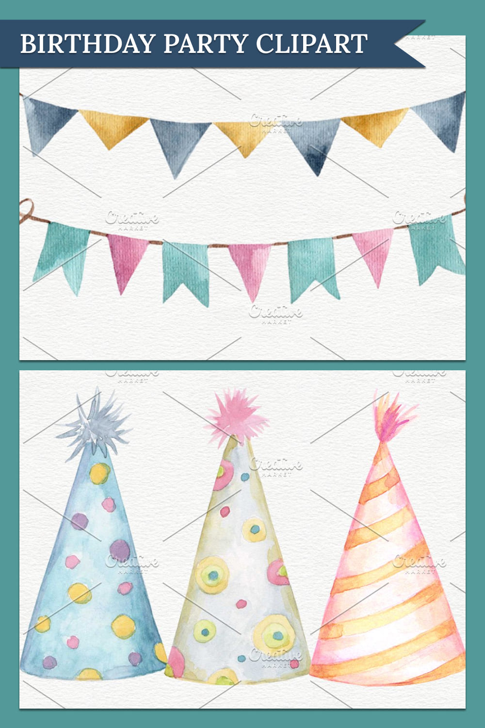 A selection of wonderful watercolor images with birthday banners and hats.