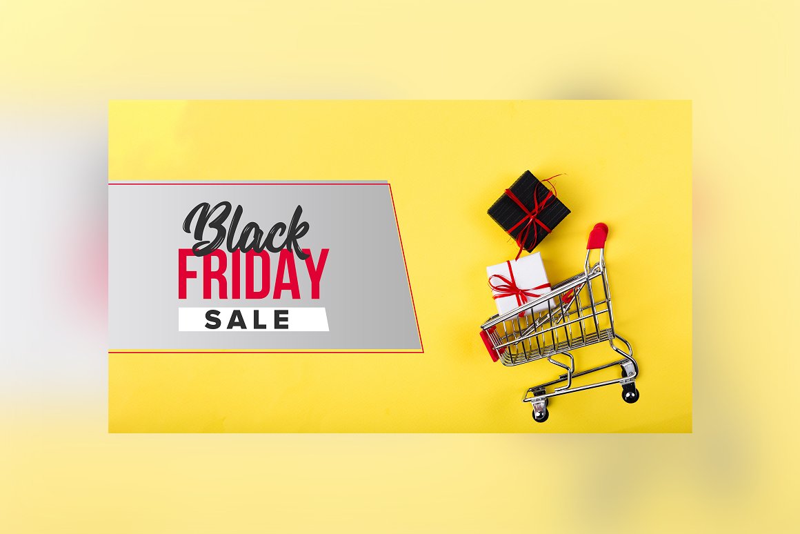 Banner of corporate black friday sale with illustration of a cart on a yellow background.