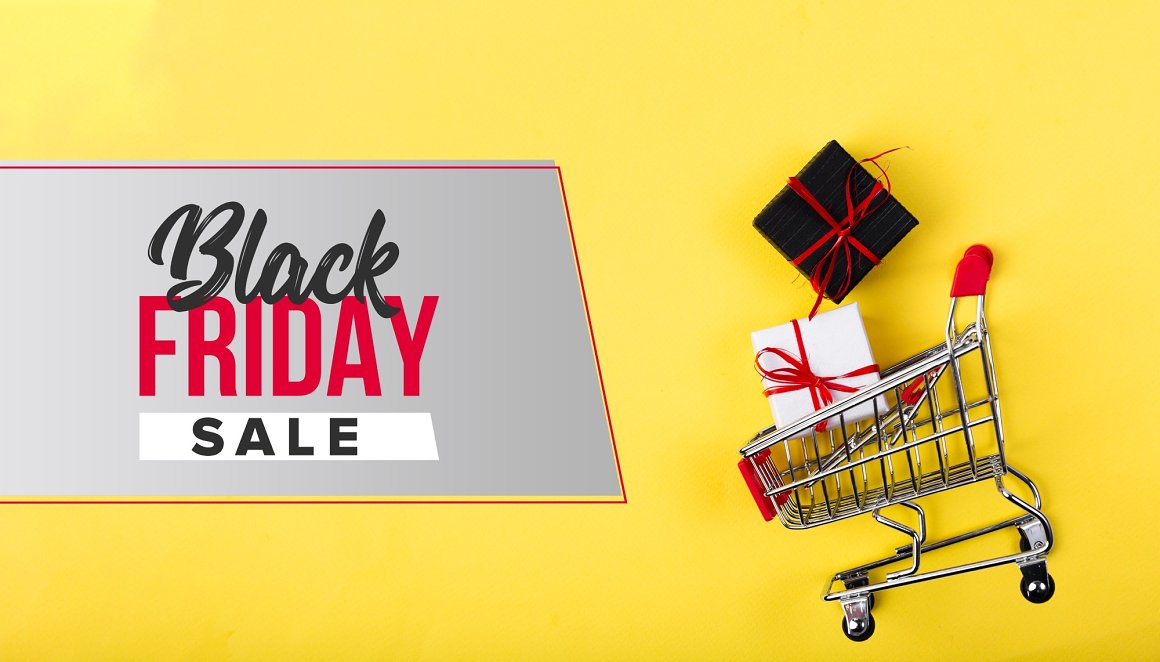 Lettering "Black Friday Sale" and illustration of a cart on a yellow background.