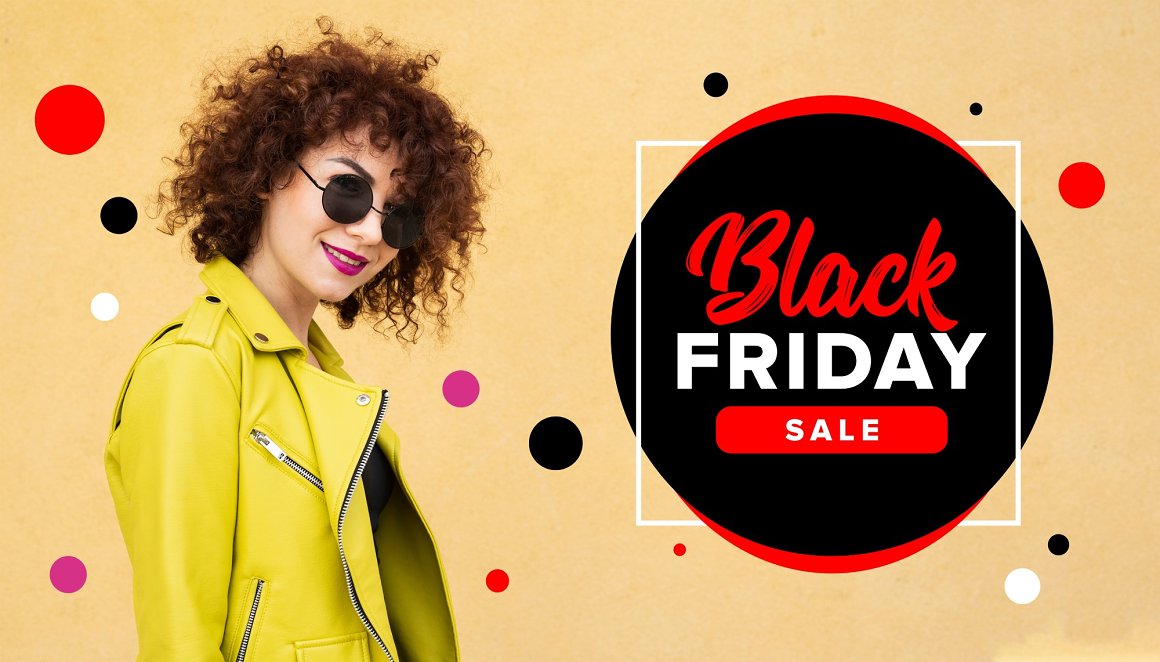 Illustration of a girl and red-white lettering "Black Friday Sale" on a black and red round frame.