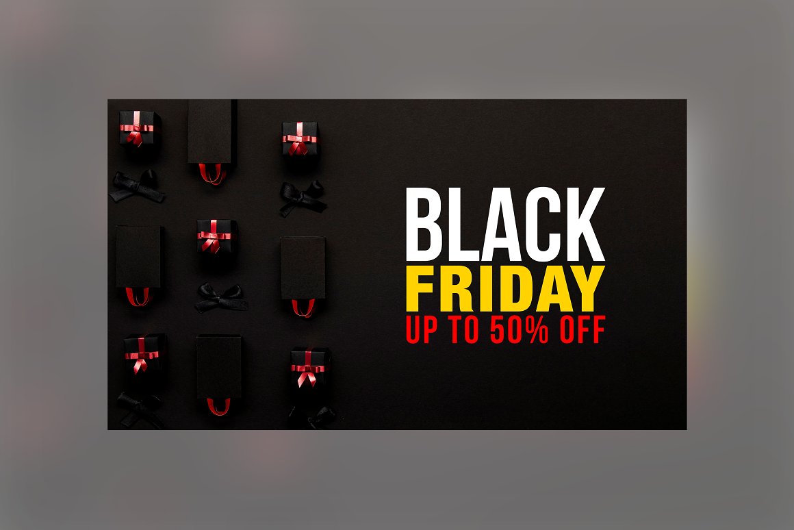Banner of corporate black friday sale with illustrations of black boxes on a black background.