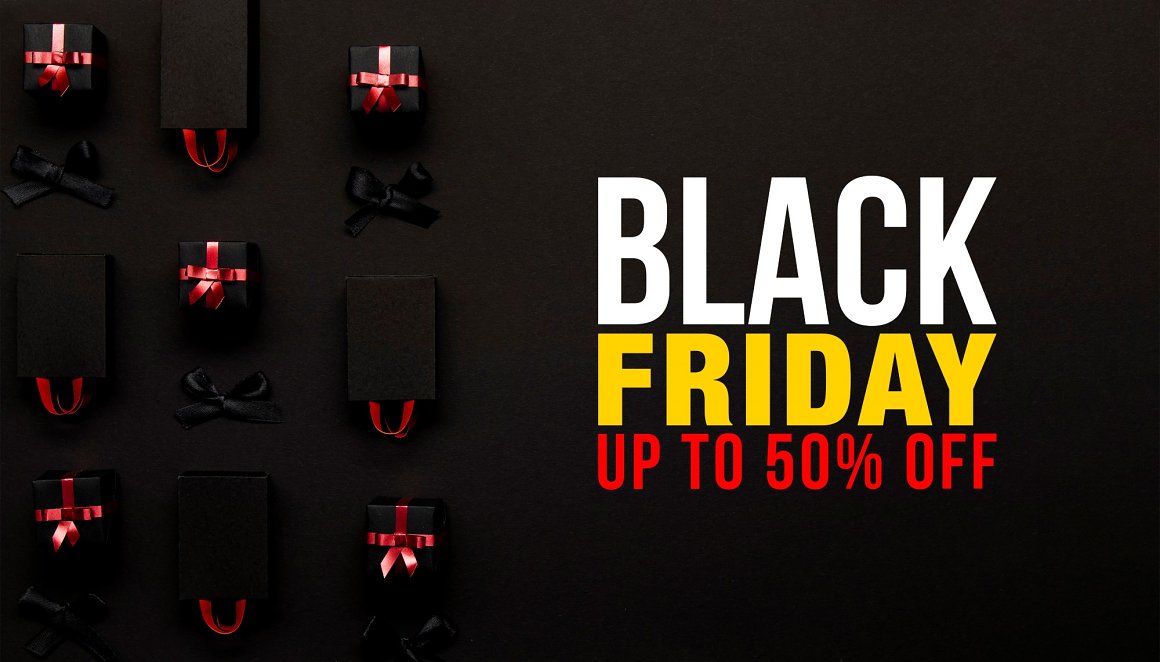 Lettering "Black Friday Up to 50% off" and different black boxes on a black background.