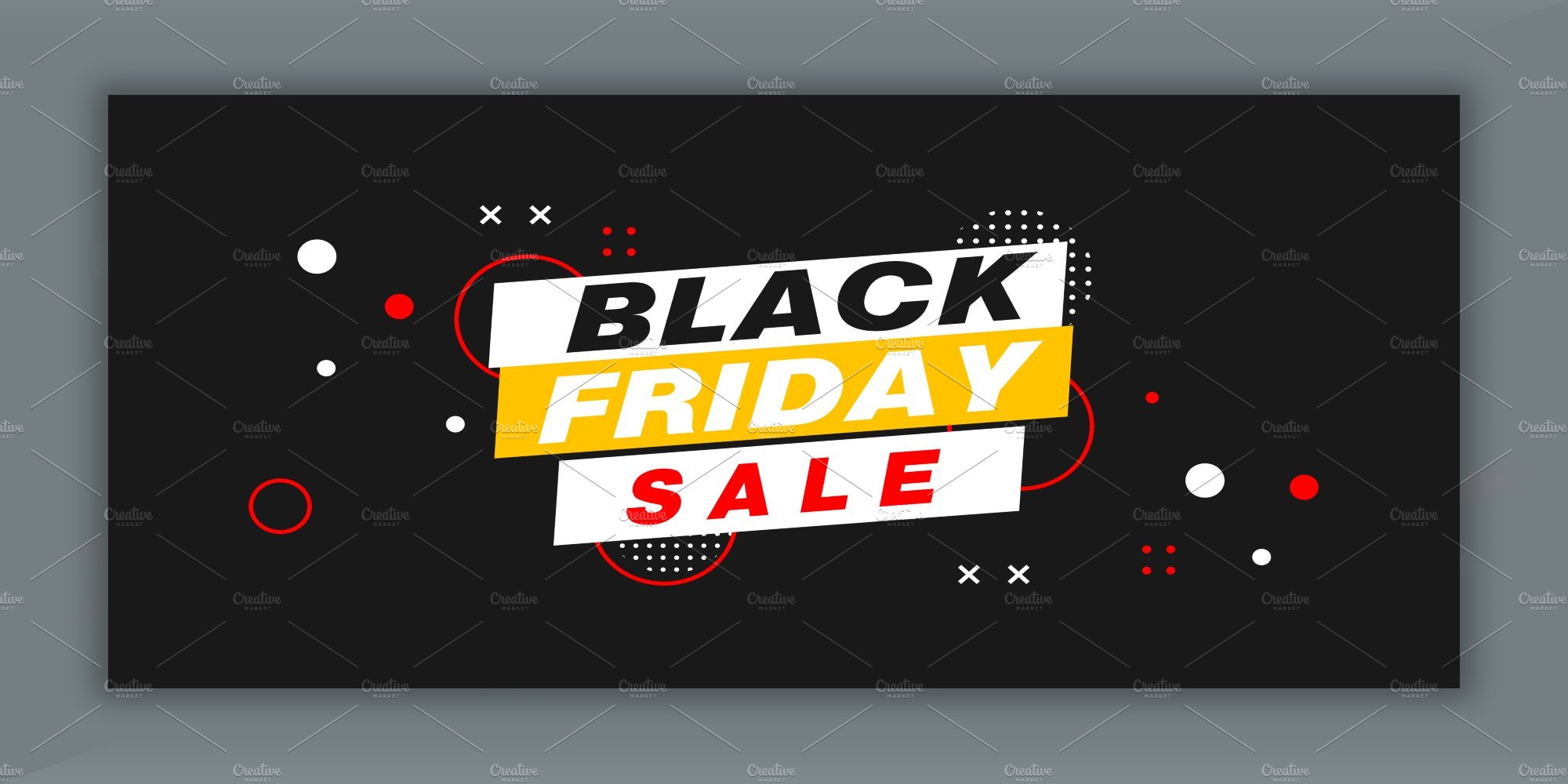 Dark black Friday banner with bright elements and vivid font.