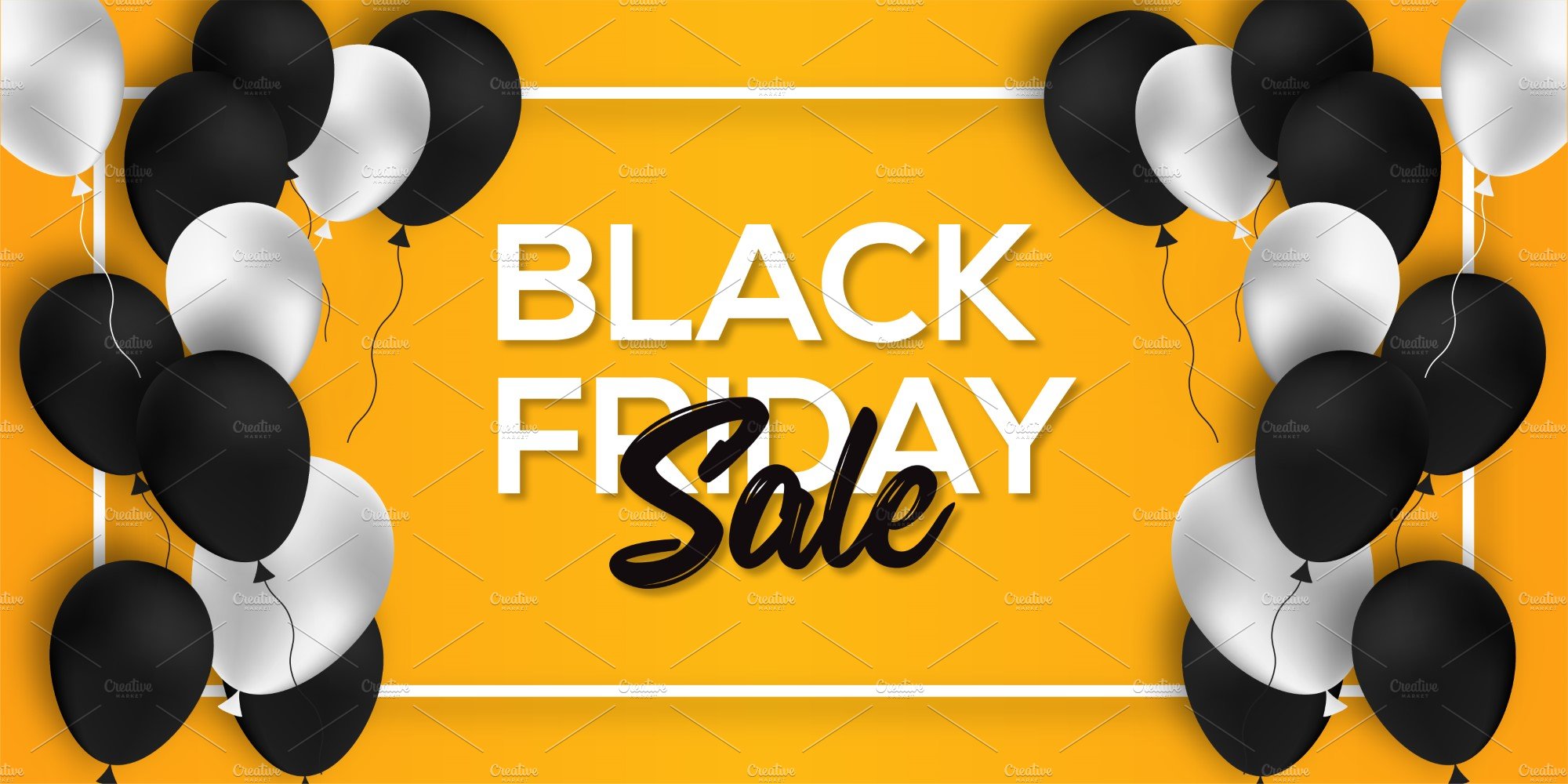Yellow Black Friday banner with silver and black balloons.
