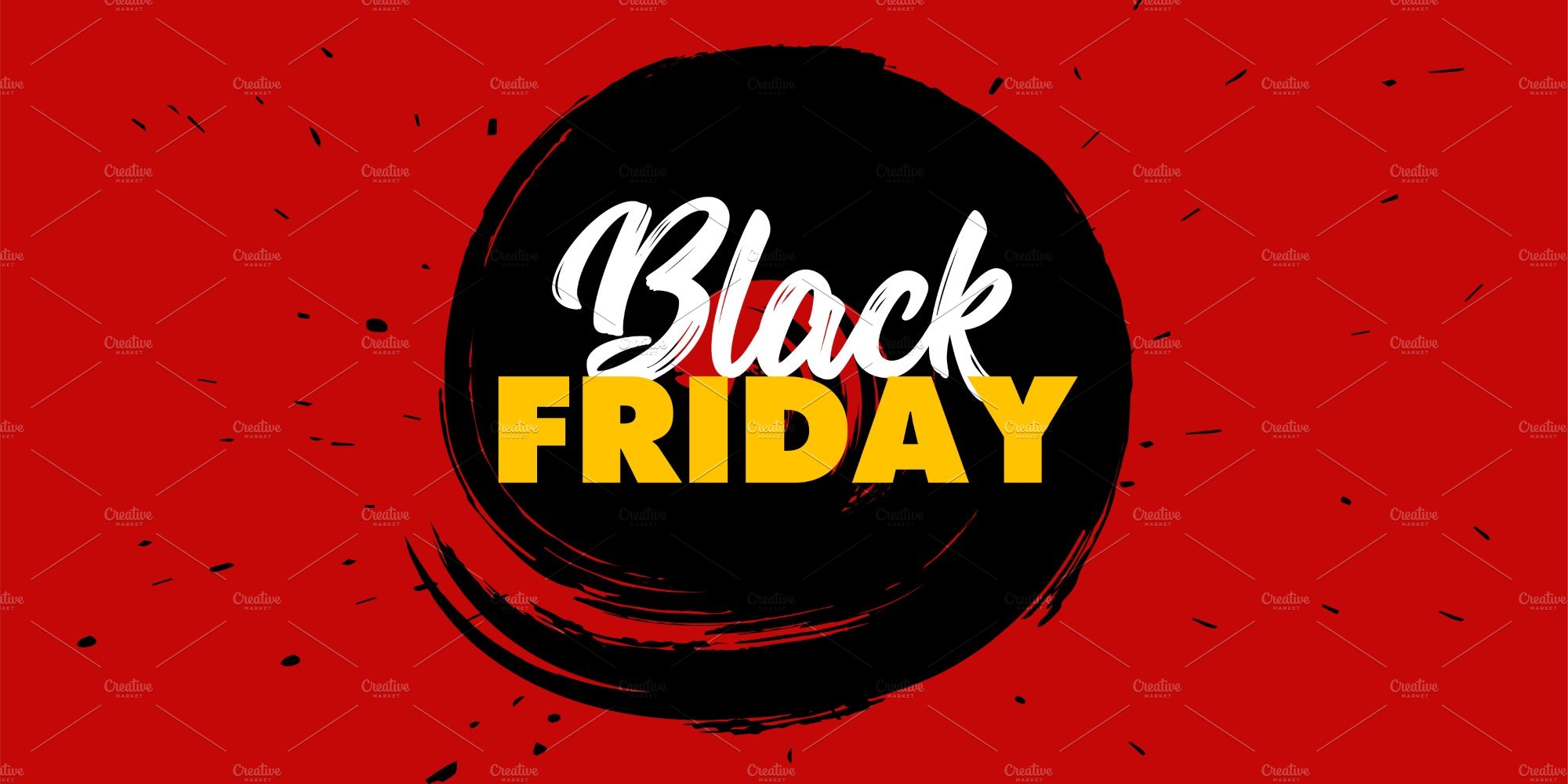 Deep red banner with brush round and two colored lettering for Black Friday's sale.