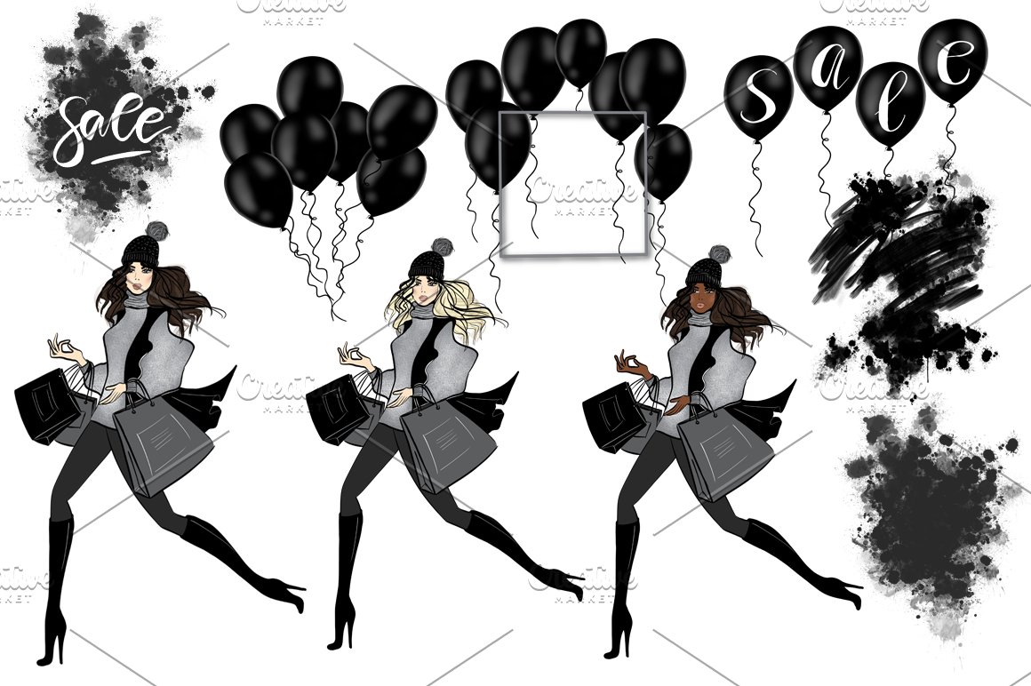 A set of different black illustrations of Black Friday on a white background.