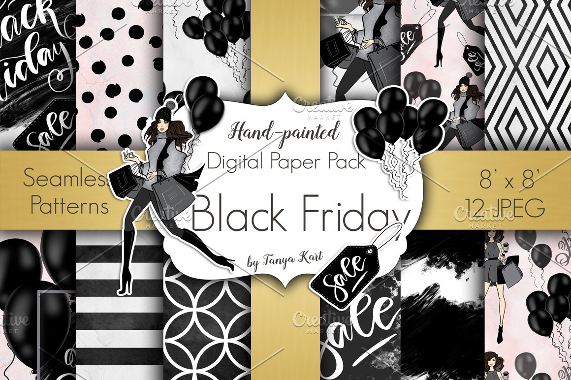 14 different seamless patterns and black lettering "Hand-Painted Digital Paper Pack Black Friday".