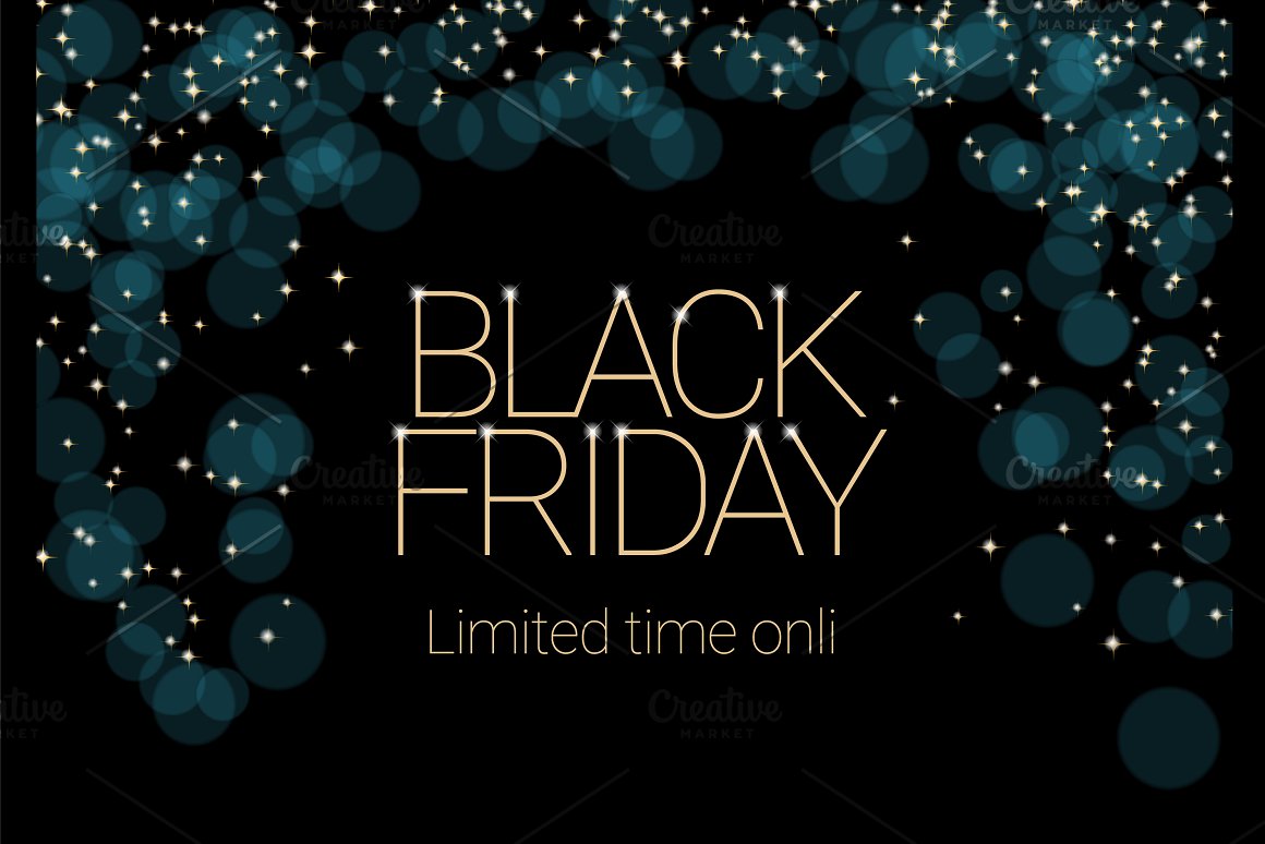 Golden lettering "Black Friday" on the black background with blue stars.