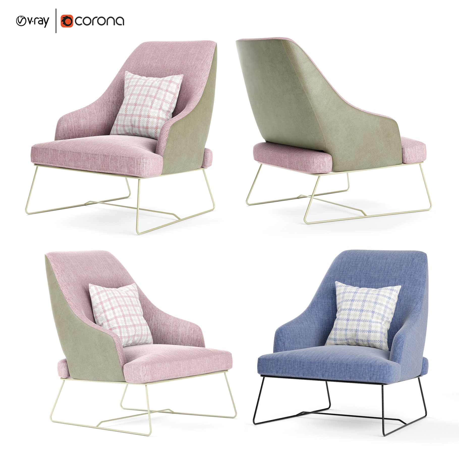 Rendering of an exquisite 3d model of armchairs in two colors