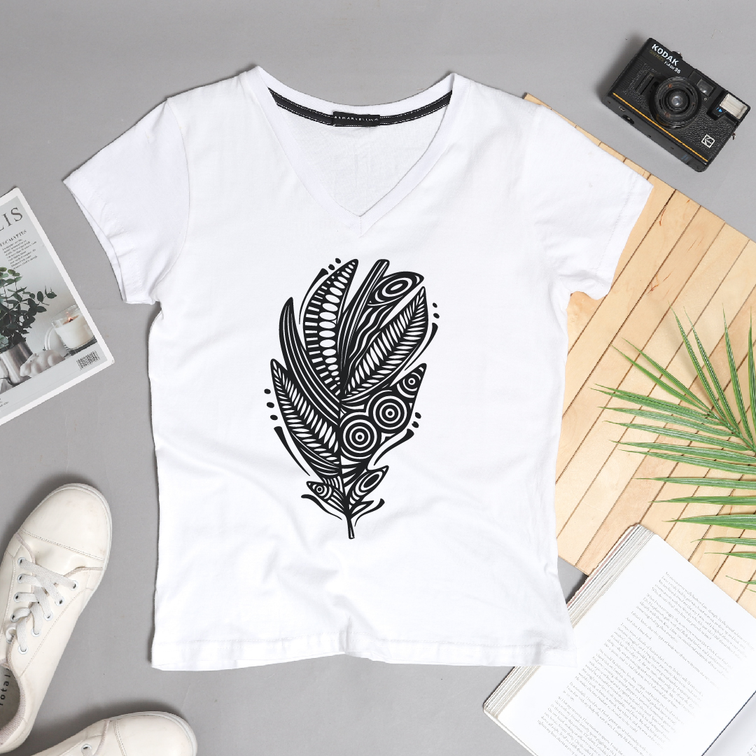 White t-shirt with BW feather.