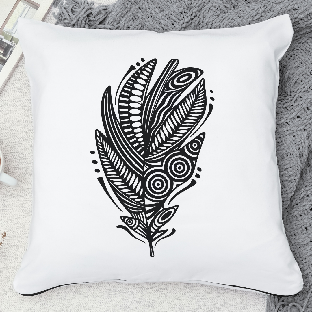 Decorate white pillow with delicate feather.