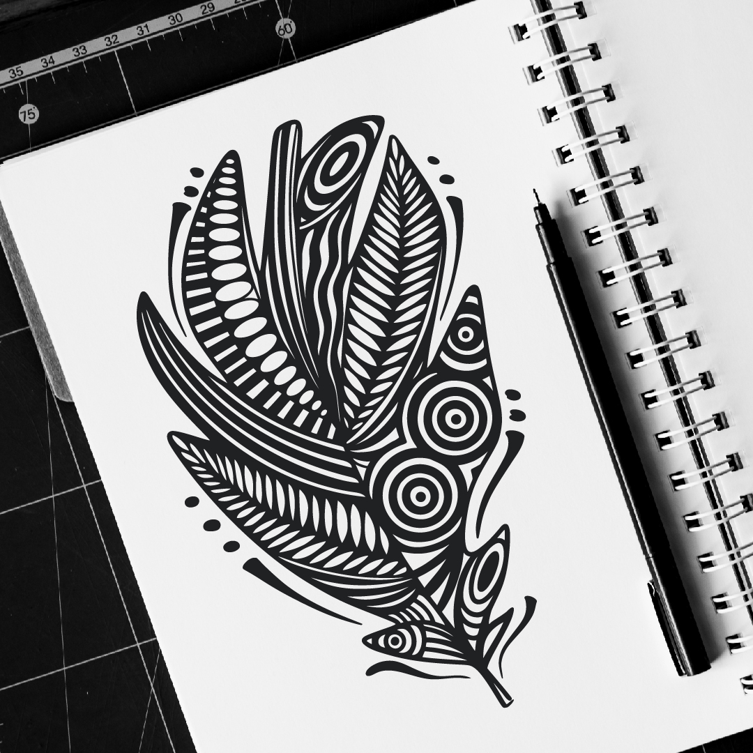 Hand drawn feather on a white paper.