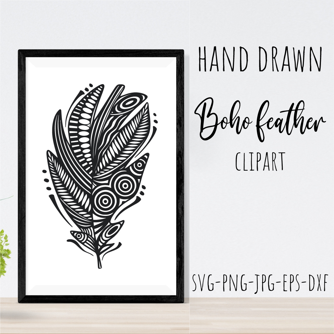 Boho Feather Silhouette. Hand Drawn Feather Clipart main cover.