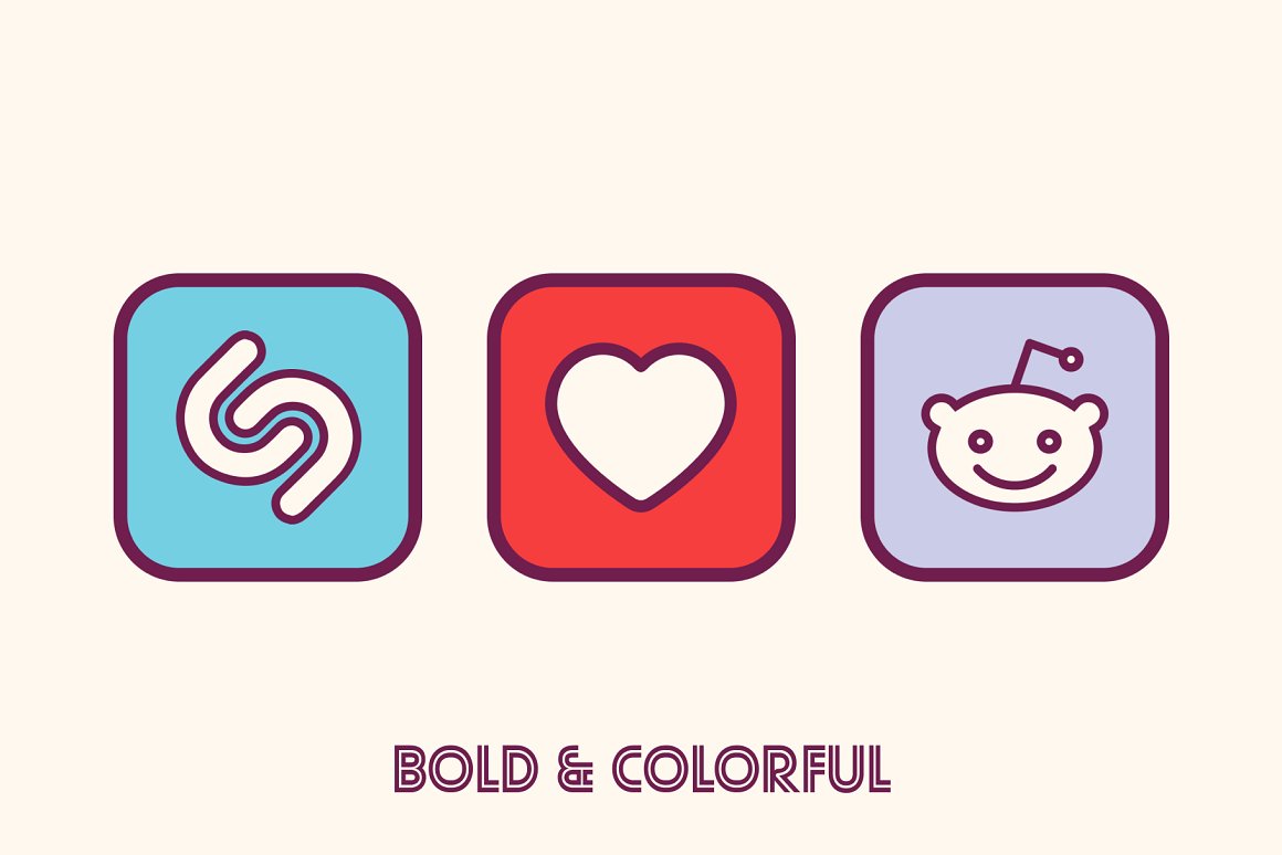 3 different bold and colorful icons on a pink background.