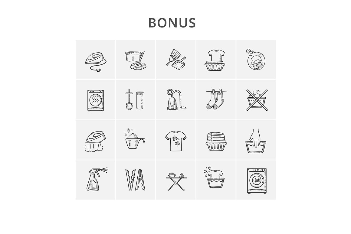 Bonus list of 20 different icons on a gray background.
