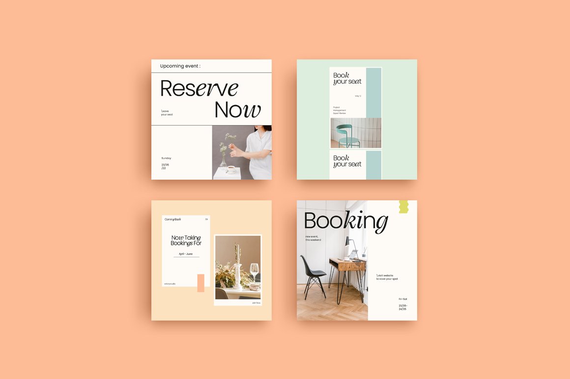 4 different booking templates on a pink background.