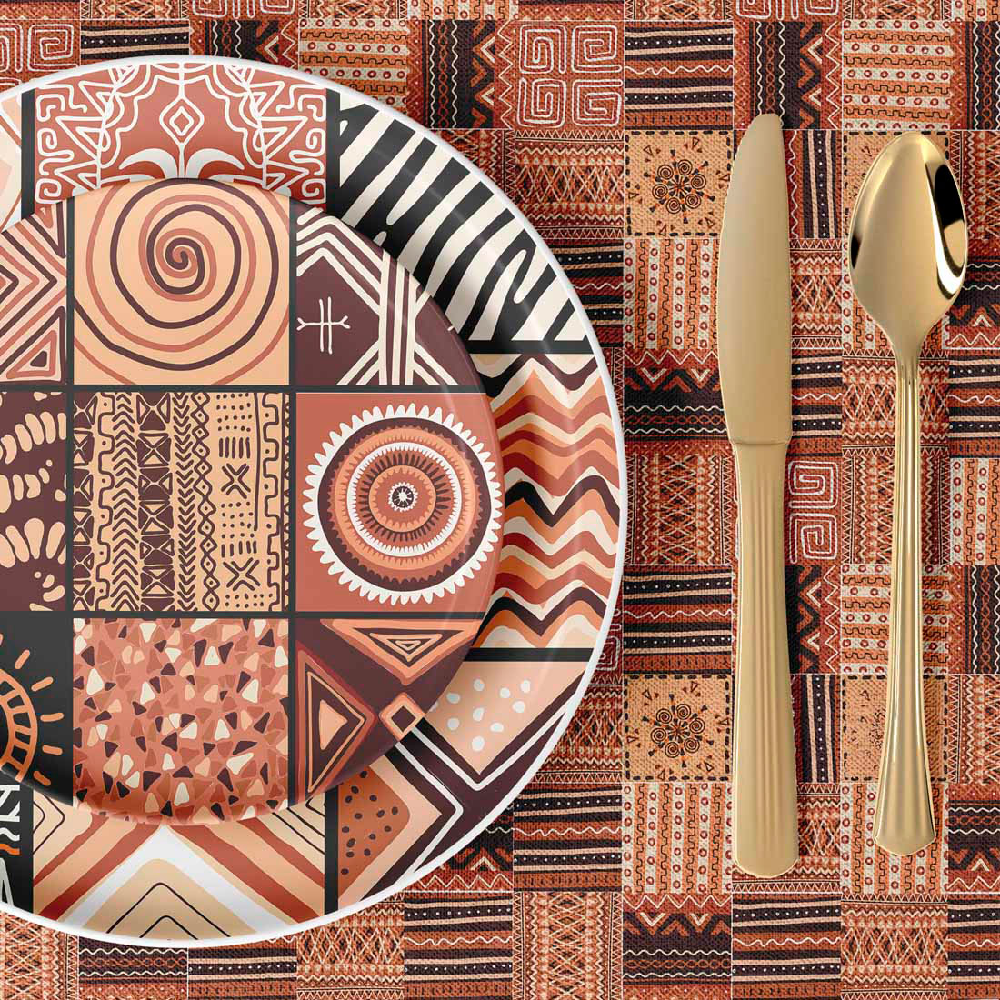 Image of tableware with gorgeous patterns in African style.