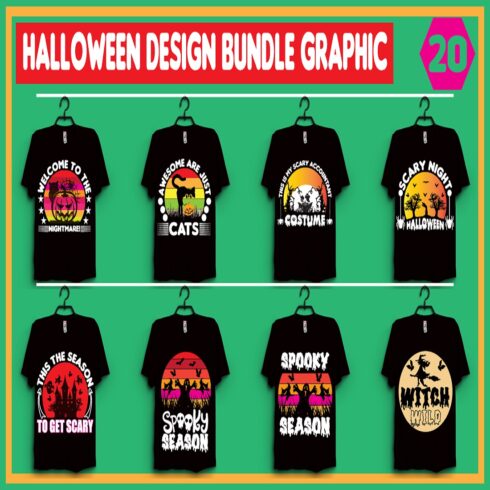 A set of images of t-shirts with adorable prints on the theme of halloween