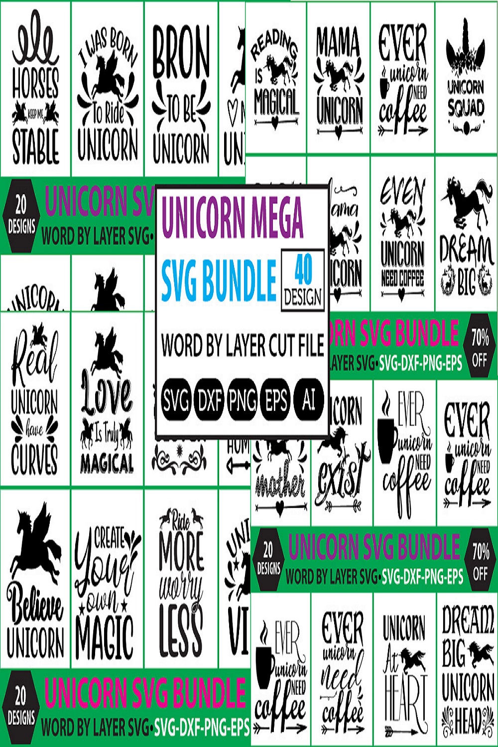 A set of unique images for prints on the theme of unicorns