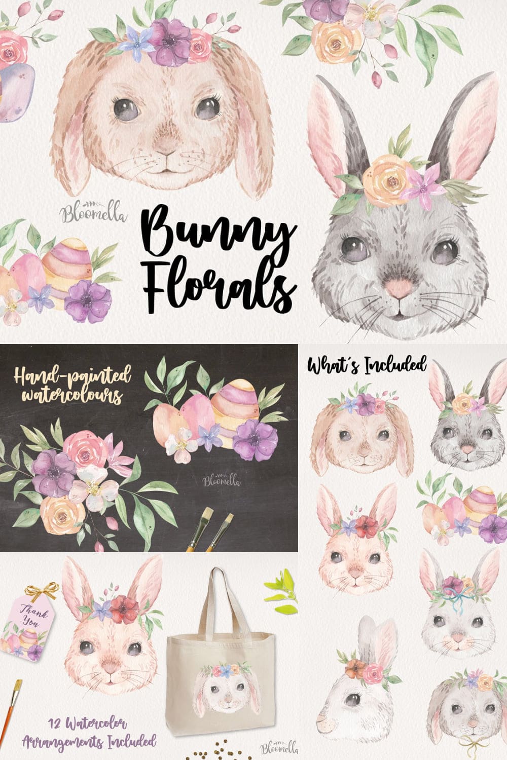 Bunny Florals Watercolor Clipart - pinterest image preview.