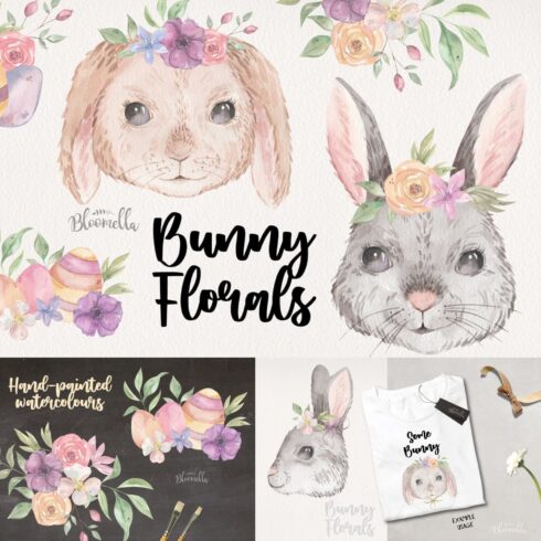 Bunny Florals Watercolor Clipart - main image preview.