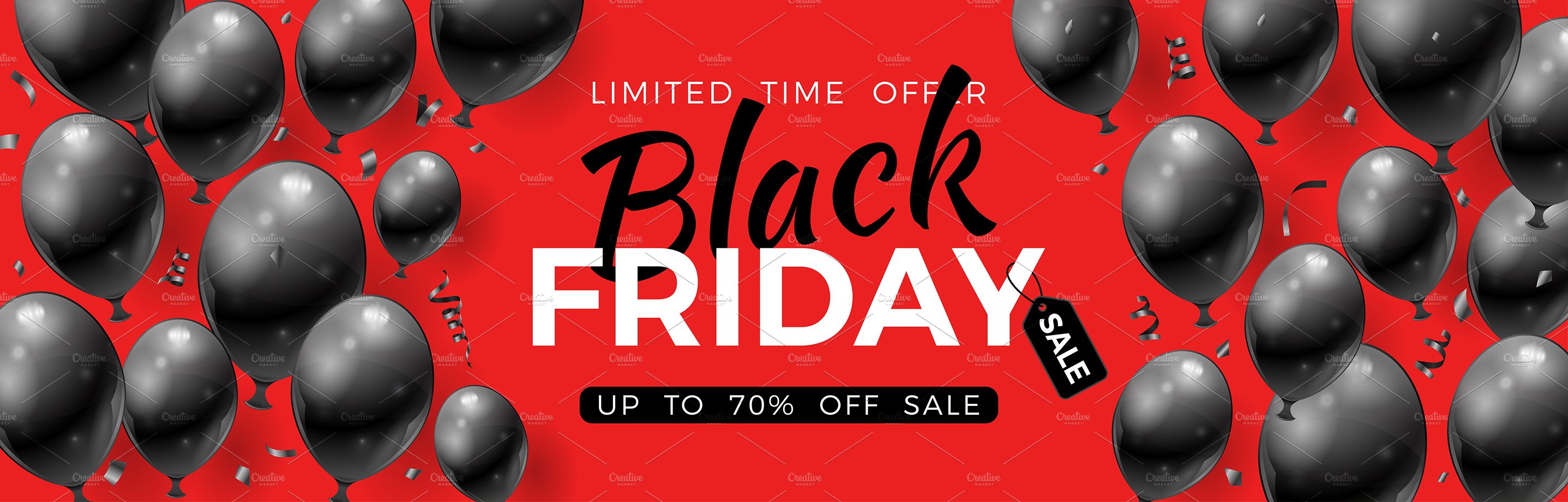 Horizontal red Black Friday banner with black balloons.